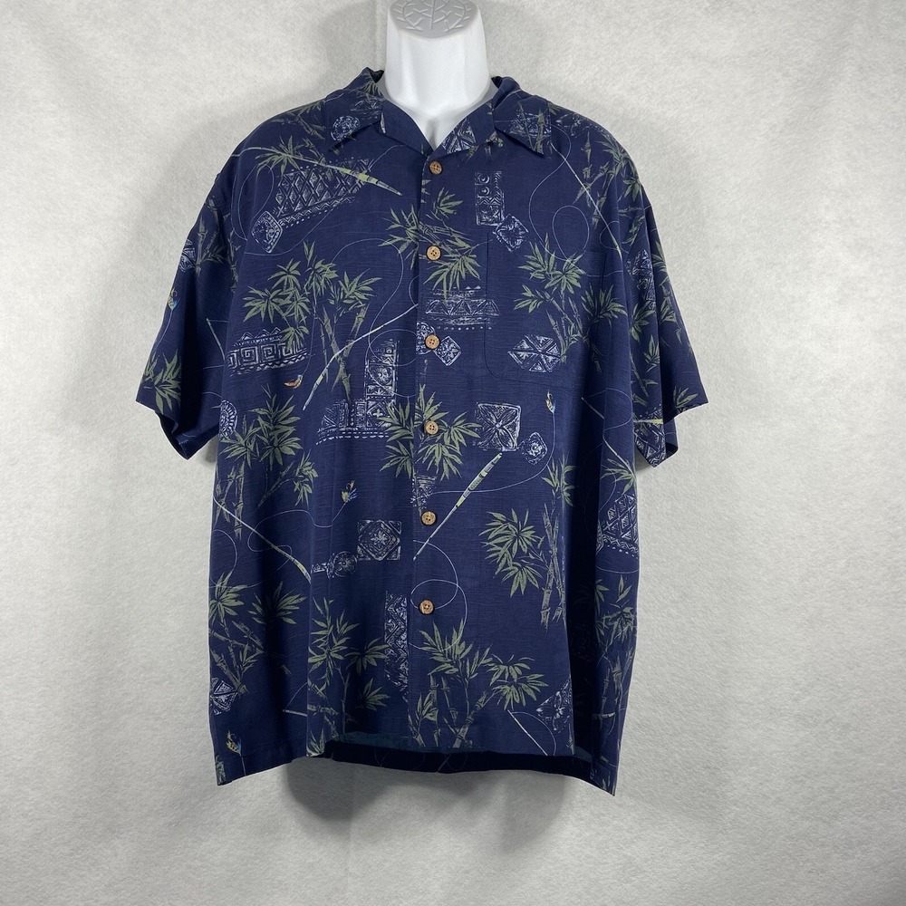 Orvis Shirt Mens Large Blue Button Up Short Sleeve 100% Silk Floral